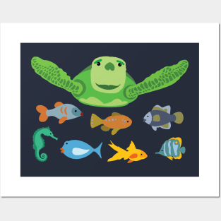 Happy Sea Turtle and Fish Swimming in the Sea Posters and Art